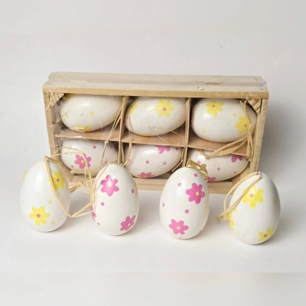 Charming Vintage Purple Basket w/ Decorative Hand painted Ceramic Eggs Ornaments
